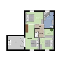 Grundriss des Boshoeve 10 Personen Wellness Spa in Lunteren, Veluwe, mit Uebersicht der Schlafzimmer und Badezimmer.