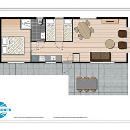 Der Grundriss des Ferienhauses fuer 4 Personen in Lunteren, Veluwe, Gelderland zeigt die praktische Aufteilung der Zimmer.