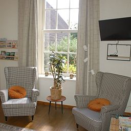 Gruener Garten mit Laterne im Ferienhaus in De Steeg, Veluwe, Gelderland.