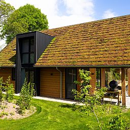 Green Roof of Forest Villa mit Whirlpool & Sauna in Wekerom, Veluwe, Gelderland. Geniessen Sie Ruhe und Frieden in diesem Ferienhaus fuer sechs Personen.