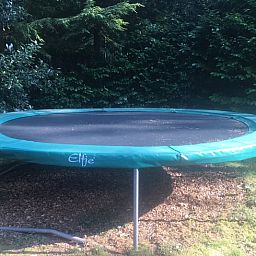 Trampolin im Garten des Ferienhauses in Bennekom, Veluwe, ideal fuer die Unterhaltung der Kinder.