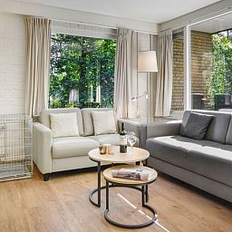Lichte zithoek met uitzicht op natuur in Coldenhove 6-persoons hondenbungalow in Eerbeek, Veluwe.