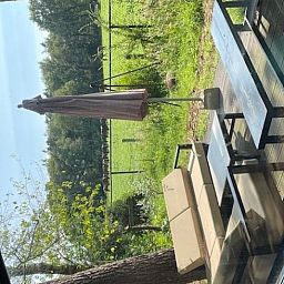 Terrasse mit Blick auf gruene Felder im Ferienhaus in Nijkerk, Veluwe.