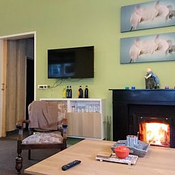 Gemuetliches Wohnzimmer mit Kamin im Ferienhaus mit Sauna, Vierhuizen, Groningen.