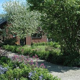 Huisje in Zevenhuizen, vakantiehuis omringd door kleurrijke bloemen in Zuidwest Groningen, Groningen.