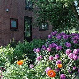 Huisje in Zevenhuizen, vooraanzicht met bloeiende bloemen in Zuidwest Groningen, Groningen.