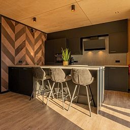 Modern kitchen in Bos Villa, a vacation home for 8 people in Maasbree, North Limburg. Stylish interior with lots of natural light.