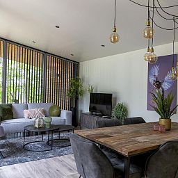Stijlvolle woonkamer van Bos Cottage in Maasbree, Noord Limburg, een knus vakantiehuis voor 6 personen met modern design.