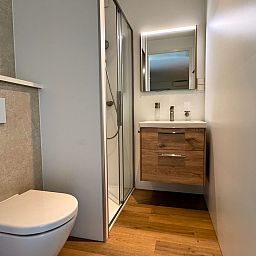 Moderne badkamer in Bos Lodge, vakantiehuis voor 8 personen in Maasbree, Noord Limburg. Stijlvolle inrichting met douche en houten accenten.