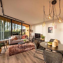 Gemuetliches Wohnzimmer von Bos Cottage mit Sauna und Whirlpool in Maasbree, Nord-Limburg. Ferienhaus mit moderner Einrichtung und Blick auf die Natur.