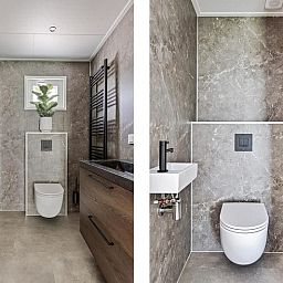 Moderne badkamer in Heidehoeve 4 personen vakantiehuis, Lage Mierde, Kempen, Noord Brabant.