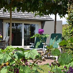 Ontspan op de veranda van Huisje in Baarle-Nassau, vakantiehuis in Noord Brabant, omringd door kleurrijke bloemen.