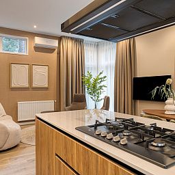 Gezellige binnenruimte van vakantiehuis Bosven in Oisterwijk, Noord Brabant met moderne keuken en comfortabele zithoek.