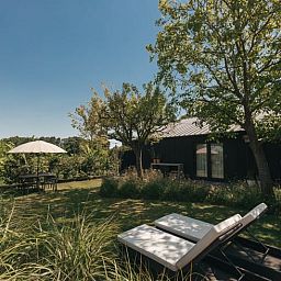 Relaxing garden with deck chairs at Holiday home in Chaam, surrounded by nature in North Brabant.