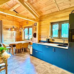 Cozy kitchen and dining area in Holiday Home in Ledeacker, Northeast Brabant with wooden interior and modern amenities.
