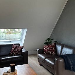 Gezellige woonkamer in Vakantiehuis in Katwijk nb, Noordoost Brabant met comfortabele banken en een dakraam voor natuurlijk licht.