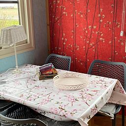 Gemuetlicher Essbereich im Ferienhaus in Julianadorp, Nordseekueste, Nordholland, mit gebluemter Tischdecke und Blick auf die Natur.