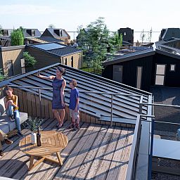 Genieen Sie die sonnige Dachterrasse des freistehenden Hauses in Enkhuizen, einem Ferienhaus an der Kste des IJsselmeers in Nordholland.