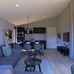 Stijlvolle woonkamer van Chalet in Enkhuizen, vakantiehuis in Noord-Holland met moderne inrichting en comfortabele zitruimte.