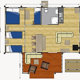 Map of De Stille Heide tent house in Huizen, North Holland, with spacious layout for 6 people, including stove and hot tub.