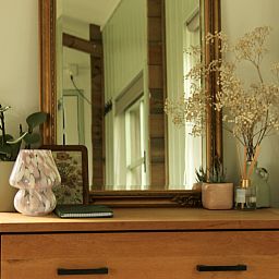 Stijlvolle binnenruimte van NH550 vakantiehuis in Heerhugowaard, Noord-Holland met decoratieve spiegel.