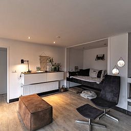 Cozy living room of cottage in Den Ham, Twente, with modern furnishings and comfortable seating area in Overijssel.