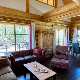 Gemuetliches Wohnzimmer im Ferienhaus in Den Ham, Twente mit Holzinterieur und Blick auf die natuerliche Umgebung von Overijssel.
