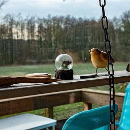Blick von der Terrasse des Ferienhauses in De Lutte in Twente mit dekorativen Elementen und Natur in Overijssel.