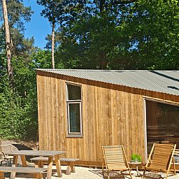 Buitenterras van Vakantiehuisje in de Lutte, Twente, omringd door groen.