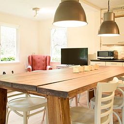 Gemuetlicher Innenbereich des Ferienhauses in De Lutte, Twente, mit Esstisch aus Holz und moderner Kueche in Overijssel.