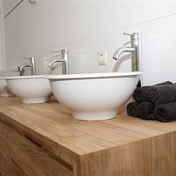 Modernes Badezimmer im Ferienhaus Landgoed Nieuwhuis in Ootmarsum, Twente, mit stilvollen Waschbecken und Holzdetails.