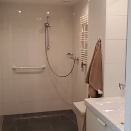 Moderne badkamer in Huisje in Beuningen, vakantiehuis in Twente, Overijssel met inloopdouche en stijlvolle inrichting.