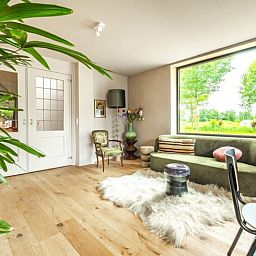 Stijlvolle binnenruimte in Huisje in Rijssen, Twente, Overijssel met vintage meubels en veel daglicht.