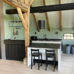 Moderne keuken in Vakantiehuisje Ambt Delden, Twente met houten accenten en stijlvolle inrichting.