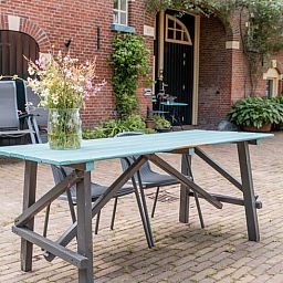 Buitenruimte van vakantiehuisje in Diepenheim met rustieke tafel en bloemen.