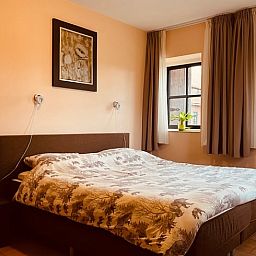 Gemuetliches Schlafzimmer im Ferienhaus in Denekamp, Twente, Overijssel, mit bequemem Doppelbett und natuerlichem Lichteinfall.