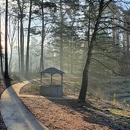 Landschaftlich reizvoller Wanderweg in der Naehe des Ferienhauses in Deurningen, umgeben von Natur in Twente, Overijssel.