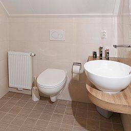 Modernes Badezimmer im Ferienhaus Boshuus Comfort Plus, Deurningen, Twente, Overijssel mit stilvollem Waschbecken.