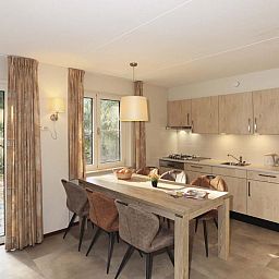 Modern kitchen and dining area in Boshuus Comfort Plus vacation home in Deurningen, Twente, ideal for family dinners.