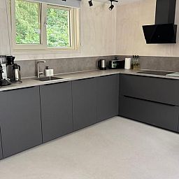 Sleek kitchen in Cottage in Buurse, vacation home in Twente, with modern appliances and forest views.