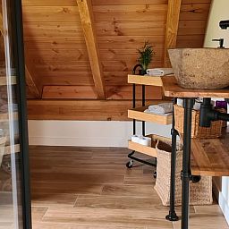 Stijlvolle badkamer in Vakantiehuisje in Hengevelde, Twente met houten afwerking en moderne wastafel.