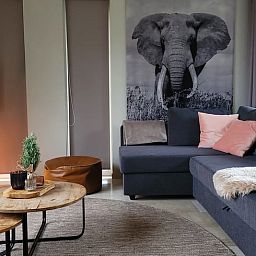 Gemuetliches Wohnzimmer im Ferienhaus in Lonneker, Twente, mit bequemer Sitzecke und stimmungsvoller Beleuchtung.