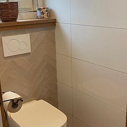 Moderne badkamer in Vakantiehuisje in Bornerbroek, Twente, Overijssel met stijlvol toilet.