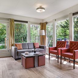 Cozy living room with fireplace in Twenhaarsveld dog bungalow, Holten, perfect for relaxation.