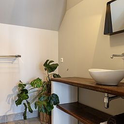 Zonnig terras bij OV529 vakantiehuis in Zwolle, Salland, met houten picknicktafel.