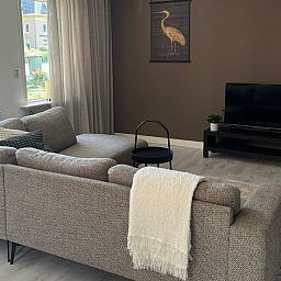 Gemuetliches Wohnzimmer mit Buecherregal im Ferienhaus OV646, Nieuwleusen, Overijssel.