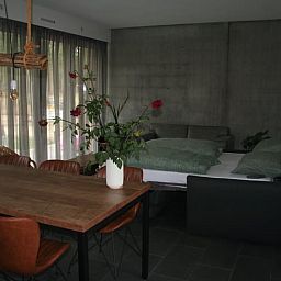 Cozy indoor area of Holiday Home in Hellendoorn, Overijssel, with a modern dining room and comfortable sitting area.