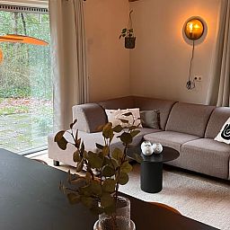 Gemuetliches Wohnzimmer des Ferienhauses in Hellendoorn, Salland mit Blick auf die Terrasse.