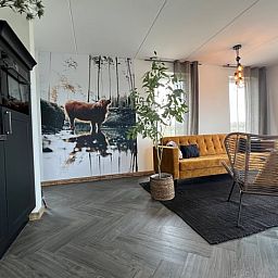 Stijlvolle woonkamer van Vakantiehuis in Hellendoorn met moderne inrichting en natuurthema in Salland, Overijssel.