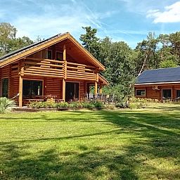 Dubbele houten vakantiehuizen in Ommen, Overijssel, omringd door een groene tuin in de Vechtstreek.